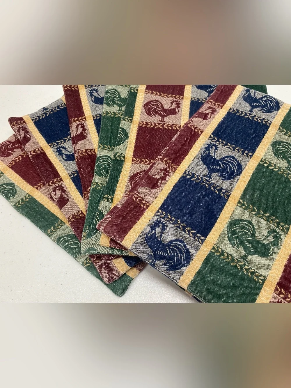 Vintage rooster tapestry placemats set of 6 textured red blue green country